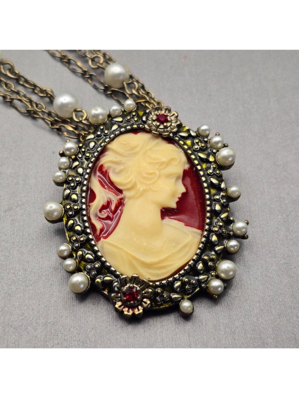 Victorian Revival Faux Cameo Necklace 26" Multi Strand Station Chain by Jennis B - Picture 2 of 12